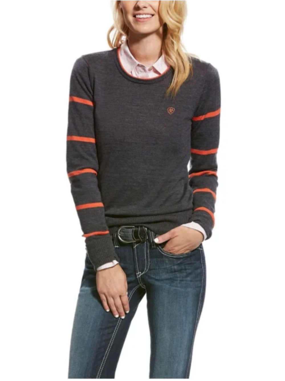 Ariat Alessio Sweater Heath Grey with orange stripes women’s size large